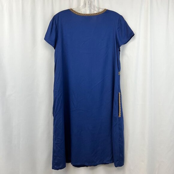 Sundance Women’s Embroidered Shift Dress Short Sleeve Blue/Gold XS New Pockets - Picture 7 of 10